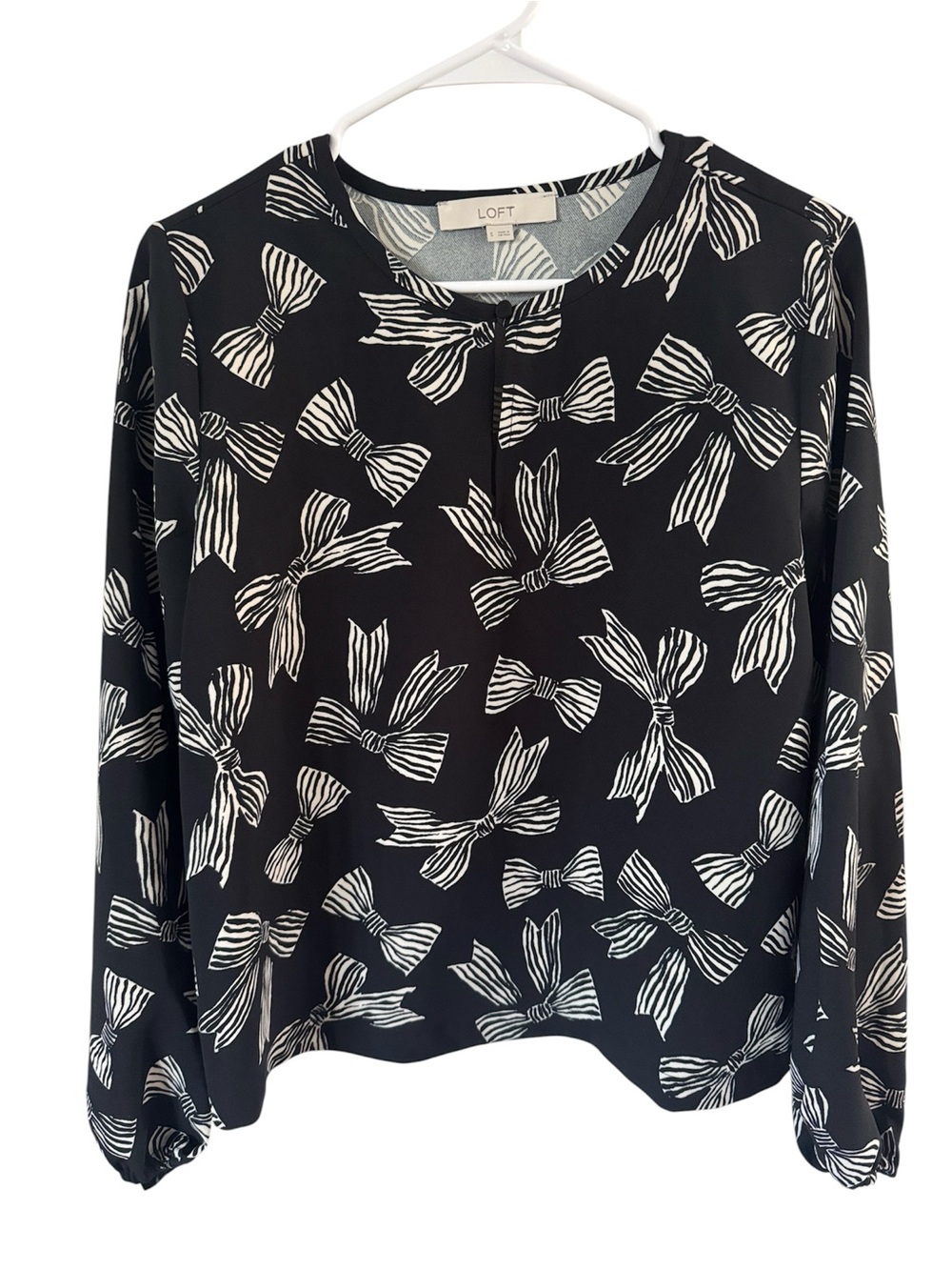 LOFT Black L/S Blouse with White Striped Bows size Small Casual Office